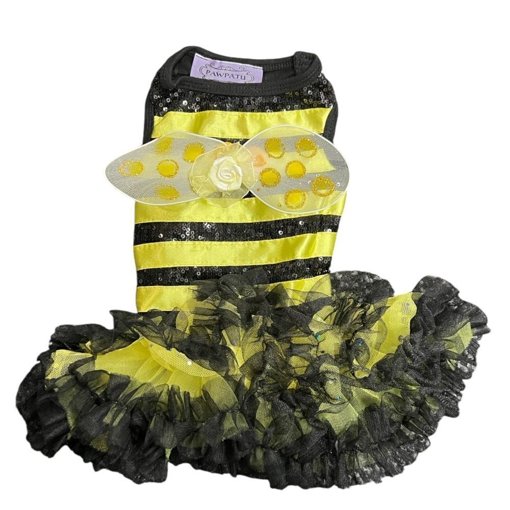 Pet Bee Costume Dress with Sequins, Sparkle Wings and Tutu, Queen Bee
